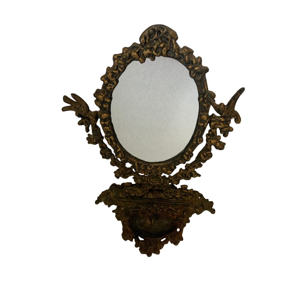 Vintage Art Nouveau Ornate Cast Iron Vanity Dresser Swivel Mirror Trinket Tray